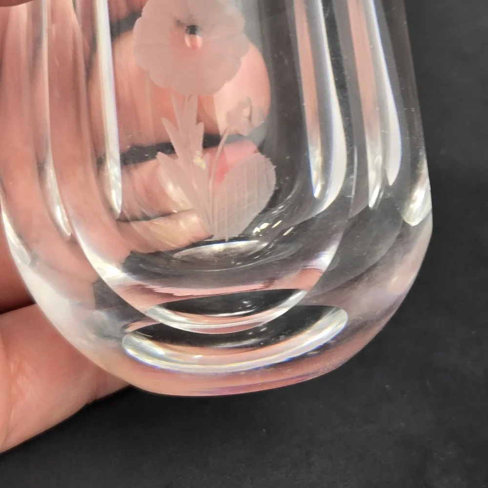 Orrefors Sweden Crystal Bud Vase Etched Flower Signed Vintage Glass 2.75